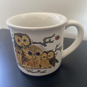 Vintage Owl Family Speckled Brown Ceramic‎ Coffee Mug 1 cup Tea MCM Enesco